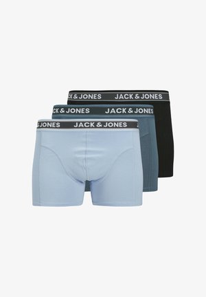 Three pairs of men's boxers in light blue, dark teal, and black. They feature a branded elastic waistband with "JACK & JONES" in white.