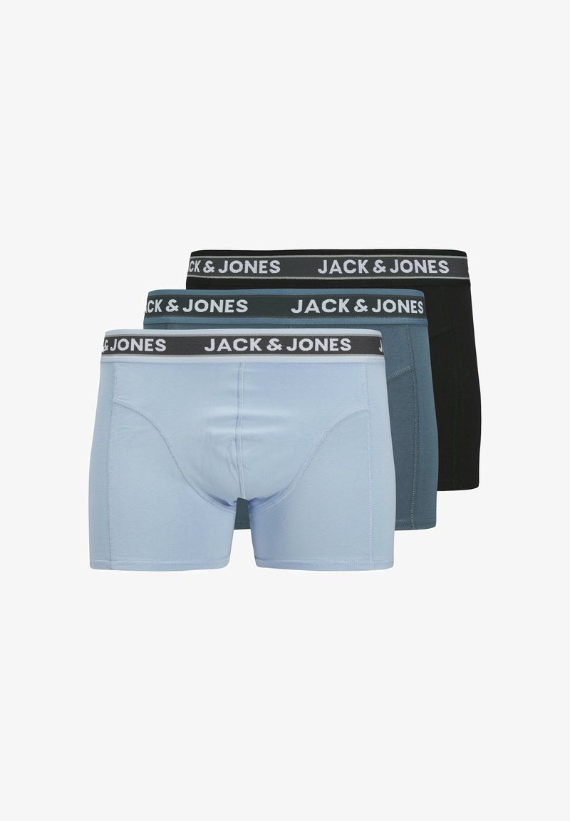 Three pairs of men's boxers in light blue, dark teal, and black. They feature a branded elastic waistband with "JACK & JONES" in white.