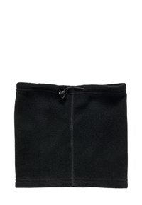 Czarny polarowy komin z regulowanym sznurkiem. Miękka faktura z wykończonymi brzegami. Kompaktowy prostokątny kształt, odpowiedni na zimną pogodę.