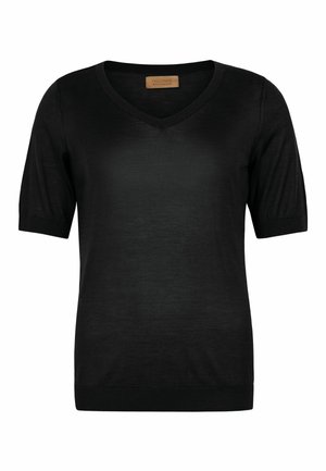 Sort kortærmet V-hals strikket top med ribbet manchet og kant, mærket Falconeri Beta Collection.