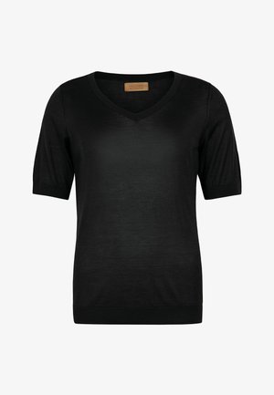 Sort kortærmet V-hals strikket top med ribbet manchet og kant, mærket Falconeri Beta Collection.