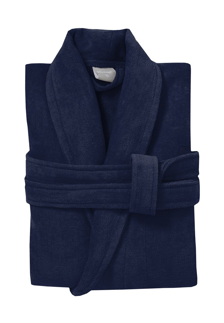 Peignoir de bain bleu marine en tissu éponge doux, doté d'un col châle, d'une ceinture et d'une surface texturée. Plié de manière compacte pour l'exposition.