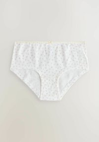 Chiloți albi din bumbac cu un mic imprimeu floral roz, având o garnitură delicată galbenă la talie și un accent de fundiță centrală.