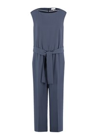 Navyblauer Overall aus glattem Stoff, mit Rundhalsausschnitt, ärmellosem Design und einem gebundenen Taillengurt sowie weiter Beinpartie.