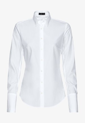Witte blouse met lange mouwen, knoopsluiting, puntige kraag en getailleerde taille, met een merklabel aan de binnenkant van de kraag.
