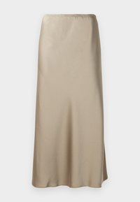 Satin midi-skirt i lyse beige med elastisk midjebånd, glatt tekstur og en flytende A-form. Ingen synlige mønstre eller metalldeler.