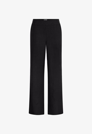 Pantalon large noir à rayures verticales. Ceinture élastique, texture de tissu lisse, et finition soignée sans poches.