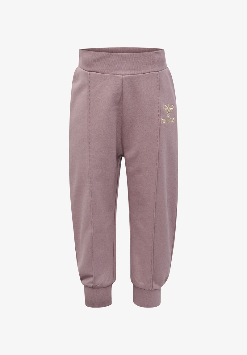 Helllila Jogginghose mit einem breiten Bund, schmal zulaufenden Bündchen und einem gestickten Logo auf der Vorderseite. Hergestellt aus weichem, bequemem Stoff.