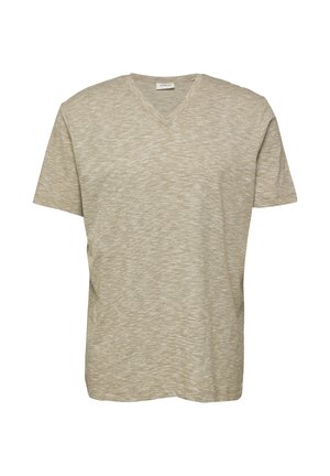 T-shirt beige clair à manches courtes avec col en V et texture chinée subtile, posé à plat sur fond blanc, sans logos ni motifs visibles.