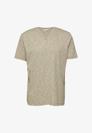 Hellbeiges T-Shirt mit kurzen Ärmeln und V-Ausschnitt, leicht meliert, flach auf weißem Hintergrund liegend, ohne sichtbare Logos oder Muster.