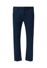 Pantalons en coton bleu marine à coupe droite, dotés de poches avant, d'une fermeture à bouton en métal et de détails de couture discrets.