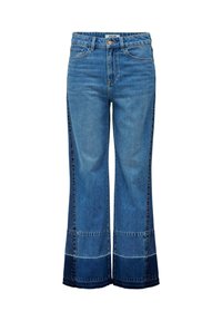 Hellblaue Jeans aus Denim mit weitem Bein und kontrastierenden dunkleren blauen Einsätzen am Saum und an den Seitenähten. Verfügt über einen Knopfverschluss.