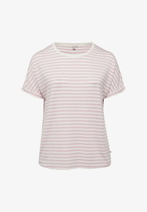 T-shirt met korte mouwen met lichtroze en witte horizontale strepen en een ronde halslijn, weergegeven op een witte achtergrond.