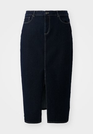 Donkere denim kokerrok met een split aan de voorkant, een knoopsluiting en zichtbare stikseldetails. Ontworpen voor een aansluitende silhouet.