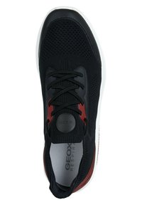 Zwarte sneaker met een bovenwerk van mesh, rode accenten en zwarte veters. Heeft een ronde logo aan de zijkant en een grijze binnenzool met 'GEOX RESPIRA' erop gedrukt.