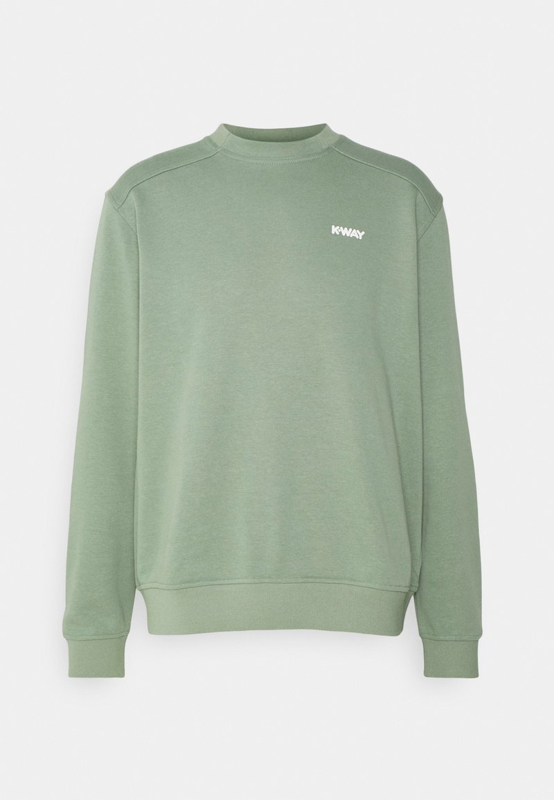 Sweatshirt à col rond à manches longues vert clair, avec des poignets et un ourlet côtelés, présentant un petit logo blanc "K-WAY" sur la poitrine gauche.