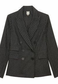 Blazer croisé gris foncé avec des rayures verticales. Présente de grands boutons noirs, des revers crantés et deux poches à l'avant.