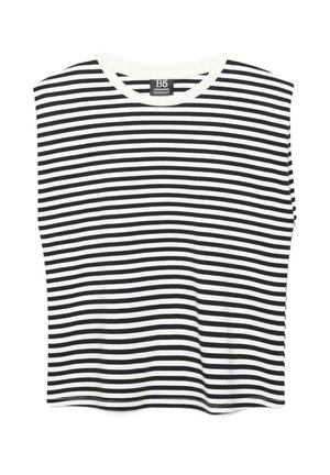 Top senza maniche a righe orizzontali bianco e nero con scollo tondo, disteso su uno sfondo bianco.