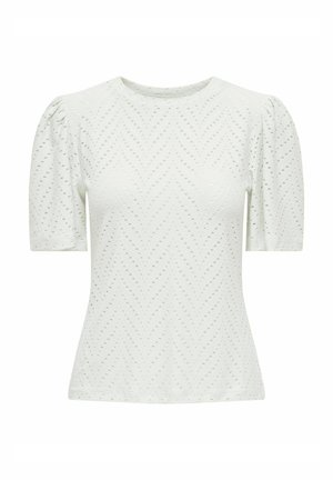 Gaiši zaļš, īsām piedurknēm tops ar apaļu izgriezumu. Ar teksturētu, šahtas rakstu no maziem izgriezumiem. Puff piedurknes piešķir apjomu.