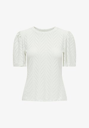 Svetlozelený, krátkoprstý top s okrúhlym výstrihom. Má textúrovaný vzor chevron z malých výrezov. Rukávy puff pridávajú objem.