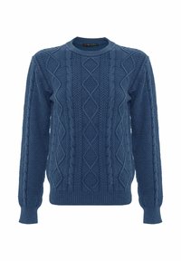 Pull en tricot bleu avec un motif texturé comprenant des designs en losanges et en câble, col rond et poignets et ourlet côtelés.