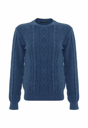 Blauer Strickpullover mit einem strukturierten Muster aus Rauten- und Kabeldesigns, Rundhalsausschnitt sowie gerippten Bündchen und Saum.
