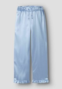 Lyseblå satin pyjamabukser med bred, elastisk talje og snor. Har flæser ved bunden af begge ben.