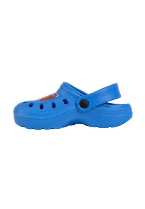 Sabot en caoutchouc bleu avec une sangle arrière, doté d'ouvertures de ventilation et d'un élément décoratif transparent sur le dessus.