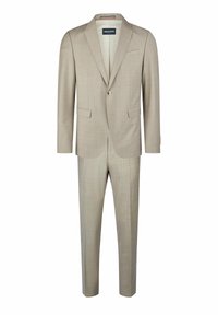 Hellbeige Anzug aus strukturiertem Stoff, mit einem Ein-Knopf-Verschluss, zwei vorderen Taschen und einem Schalkragen-Design. Inklusive Hose.