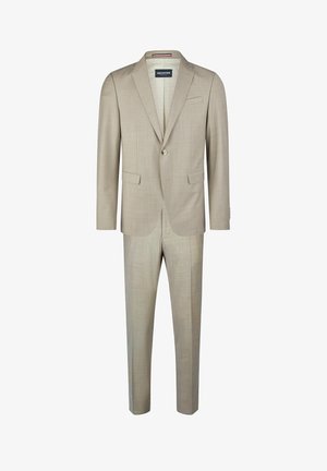 Hellbeige Anzug aus strukturiertem Stoff, mit einem Ein-Knopf-Verschluss, zwei vorderen Taschen und einem Schalkragen-Design. Inklusive Hose.