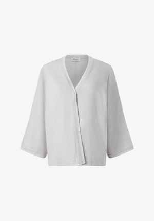 Hellgrauer, kurzärmeliger Kimono-Cardigan im V-Ausschnitt, aus weichem Stoff, mit strukturiertem Oberflächenmaterial und genähten Kanten.