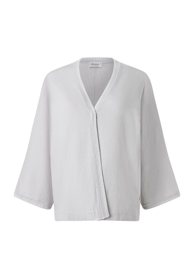 Hellgrauer, kurzärmeliger Kimono-Cardigan im V-Ausschnitt, aus weichem Stoff, mit strukturiertem Oberflächenmaterial und genähten Kanten.