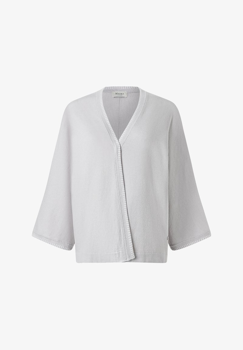 Hellgrauer, kurzärmeliger Kimono-Cardigan im V-Ausschnitt, aus weichem Stoff, mit strukturiertem Oberflächenmaterial und genähten Kanten.
