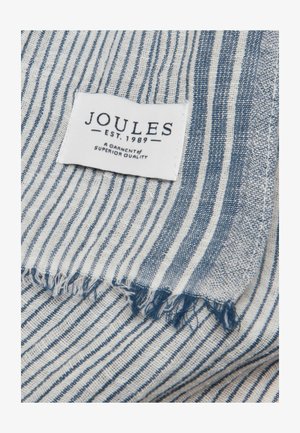 Blau-weiß gestreifter Stoff mit ausgefransten Kanten und einem weißen Etikett mit der Aufschrift "Joules Est. 1989 A Garment of Superior Quality."