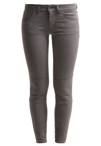 Grå smala jeans gjorda av lätt material, med en slät textur, traditionell femficksdesign och ribbade knädetaljer.