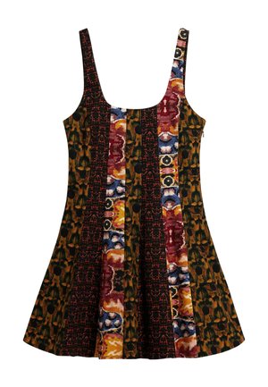 Colorful sleeveless dress featuring a mix of patterns in red, yellow, blue, green, and black, with a fitted bodice and flared skirt.