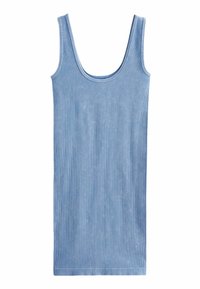 Canotta azzurro chiaro a coste con scollatura rotonda e spalline larghe, realizzata in un tessuto morbido ed elasticizzato. Nessun motivo o decorazione.