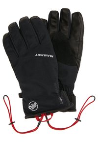 Svarta handskar med läderhandflator och ett slitstarkt tygutvändning. Har justerbara handledsremmar och logotypdetaljer i tyg.