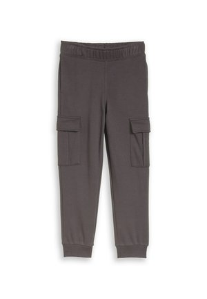 Pantalon de jogging cargo gris foncé avec taille élastique, poches latérales à rabat et poignets côtelés aux chevilles.