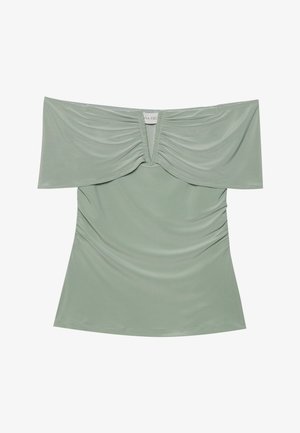 Off-the-shoulder top in light green fabric with ruching at the center, smooth texture, and short sleeves. Form-fitting design.