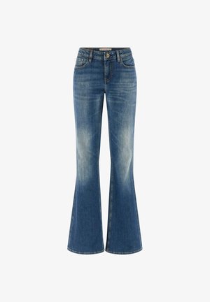 Blauwgewassen spijkerbroek met wijde pijpen, vijfzakkenontwerp, knoopsluiting en riemlussen.