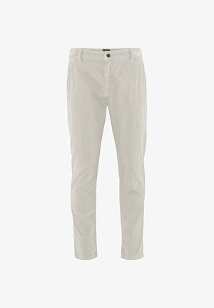 Helle beige Corduroyhosen im Slim Fit, mit einem Knopfverschluss, Gürtelschlaufen und subtiler vertikaler Ripptextur.