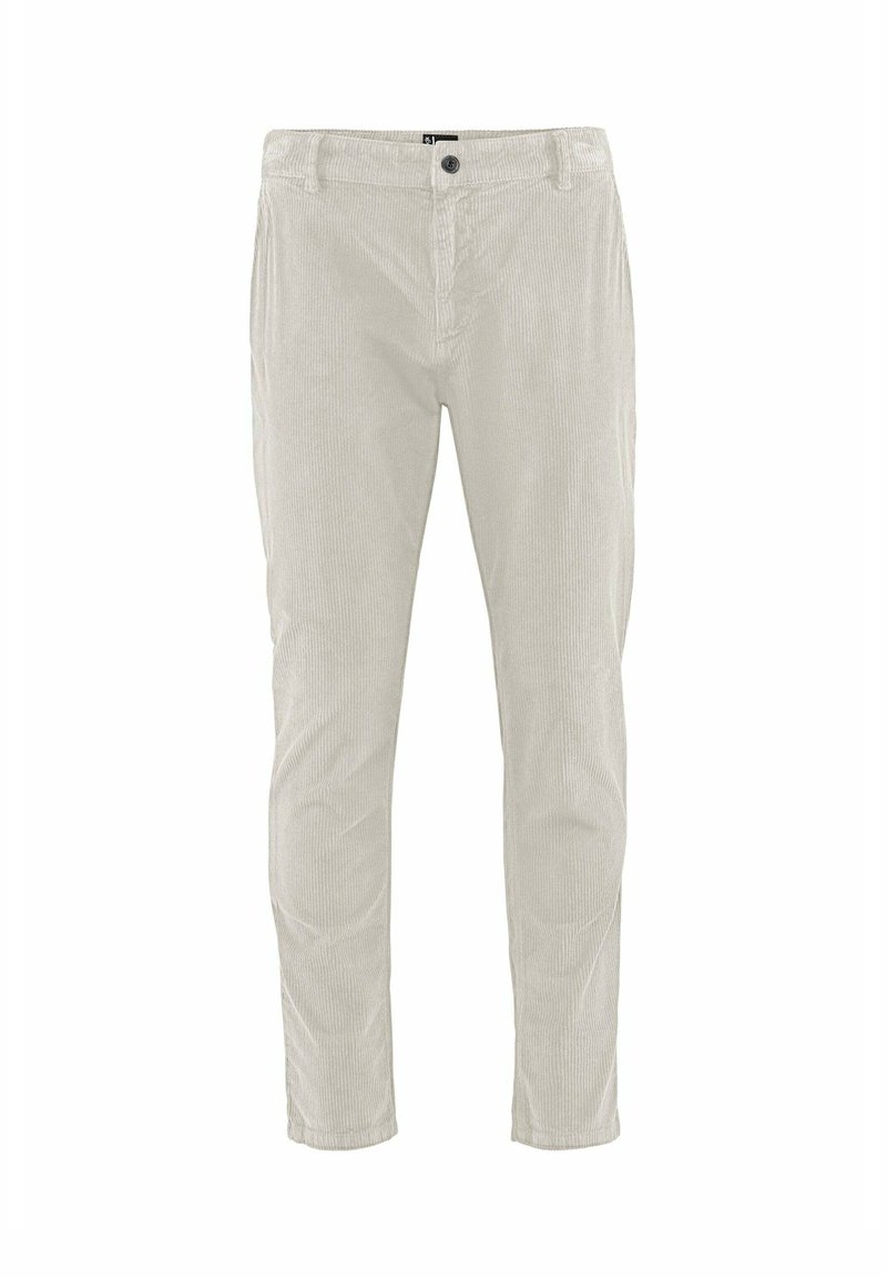 Lichtbeige corduroy broek met een slim fit, voorzien van een knoopsluiting, riemlussen en subtiele verticale ribbelstructuur.