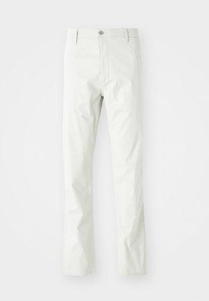 Light gray cotton trousers with a straight leg design, featuring a button closure, front pockets, and subtle texture.