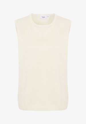 Gilet en tricot sans manches de couleur crème avec un col rond et une petite étiquette de marque au niveau du col.