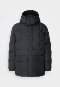 Black puffer jacket with a hood, featuring a quilted design, snap button front, two large front pockets, and a soft, fuzzy lining.
