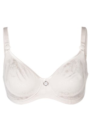 Lichtbeige bh met een gladde afwerking, voorzien van ronde patronen, verstelbare bandjes en een centrale decoratieve hardwareaccent.
