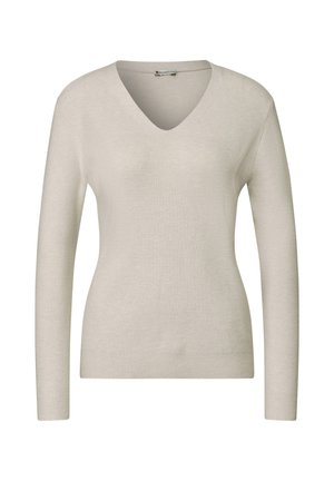 Beige ribbineule V-pääntiellä ja pitkillä hihoilla, valmistettu pehmeästä kankaasta. Ominaisuuksiin kuuluu istuva muoto ja hienovarainen rakenne.