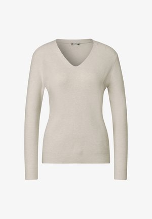 Beige geribbelde trui met een V-hals en lange mouwen, gemaakt van een zachte stof. Heeft een aansluitende vorm en subtiele textuur.