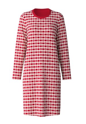 Robe rouge avec un motif de grille composé de carrés blancs et de petits motifs en forme de cœur, fabriquée en tissu doux, avec des manches longues et un col rond.